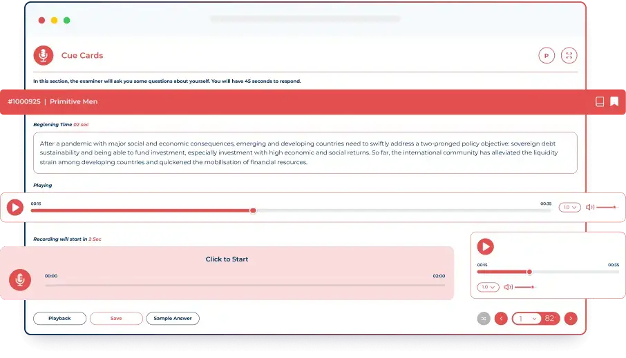 Alfa IELTS IELTS Speaking Practice Module IELTS speaking practice module with cue cards and recording feature on Alfa IELTS platform