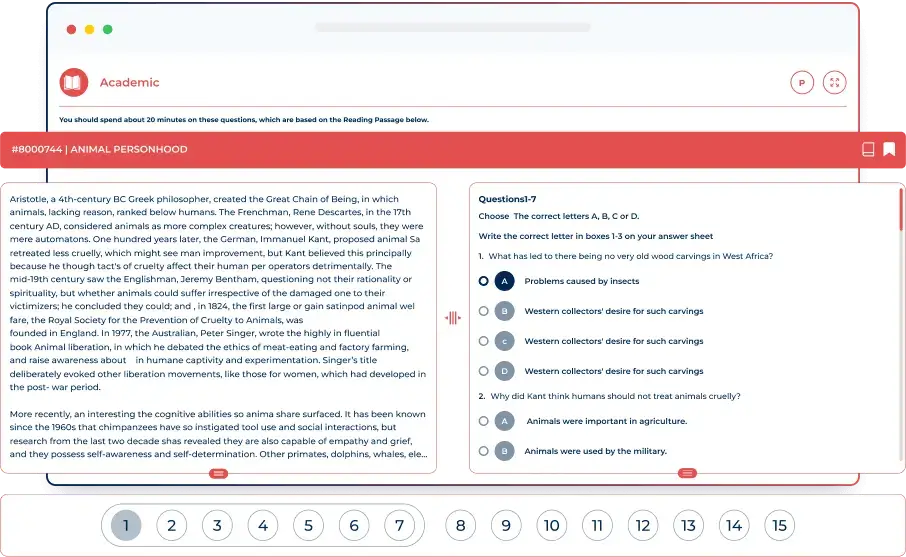 Alfa IELTS IELTS Reading Practice Module IELTS reading practice test interface with passage and multiple choice questions on Alfa IELTS platform